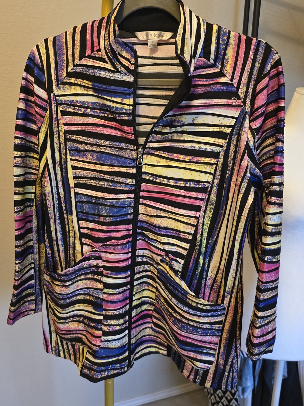 Erin London Pink and Black Striped Zip Jacket Small